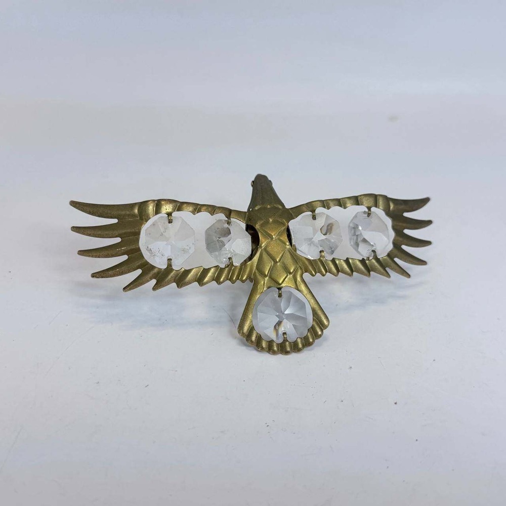 Vintage Brass Eagle Figurine with Faceted Crystal Prisms 4 Inch Wingspan